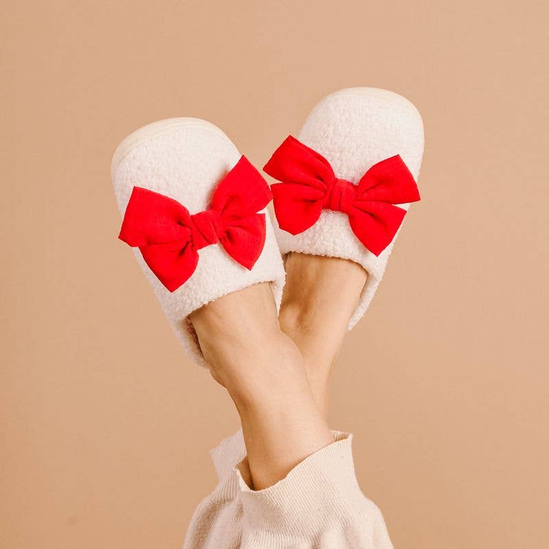 Fuzzy Slippers - Betty Bow Red: S/M (Women's 5 -7.5)