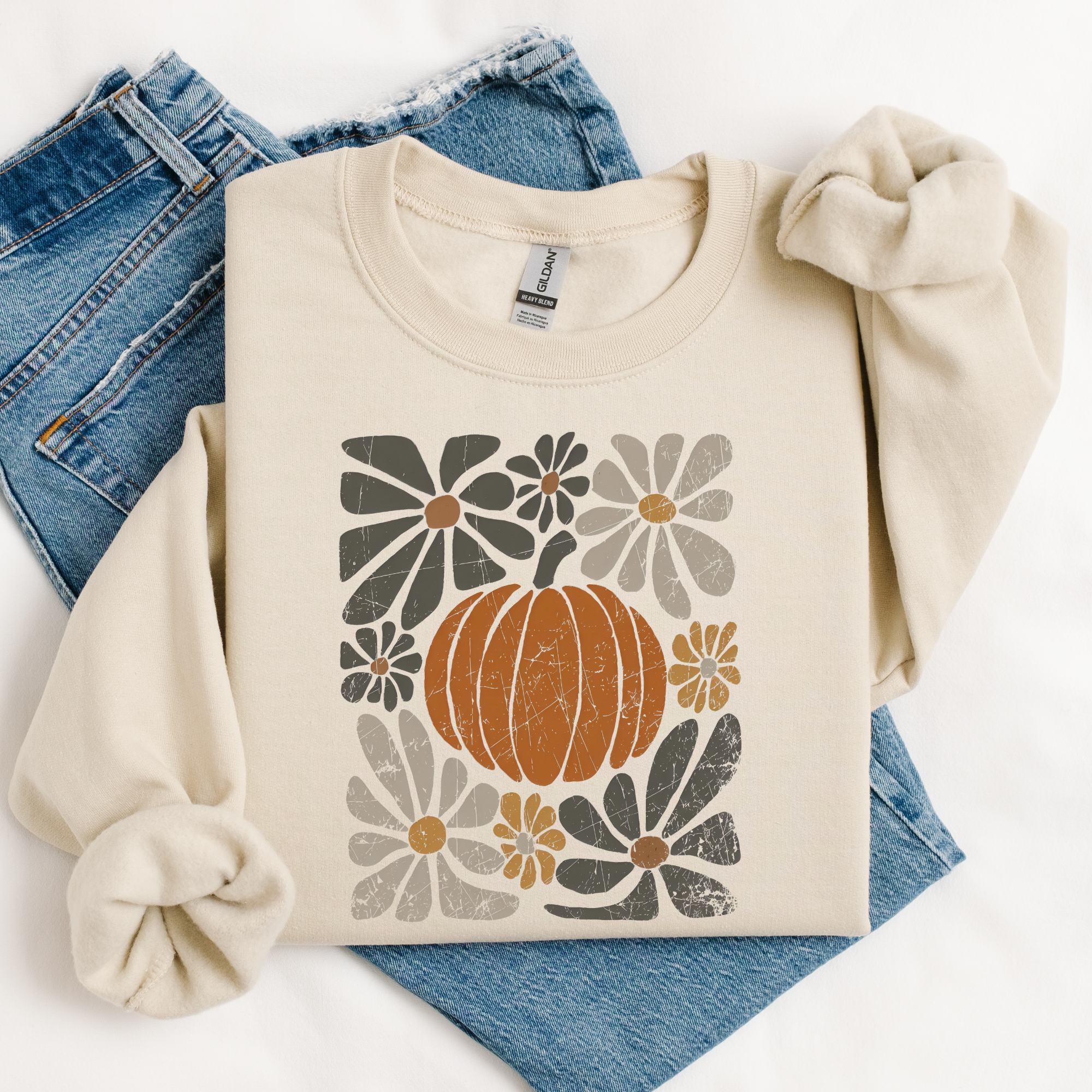 Boho Abstract Floral Pumpkin Graphic Tee/Crewneck: Sand Crewneck / XL